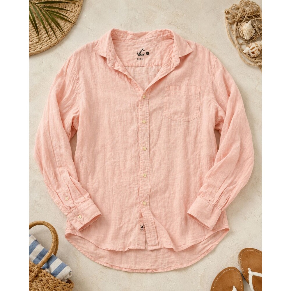 HIHO Mens Pink Button Up Shirt XL Long Sleeve Coastal Resort Beach Nautical